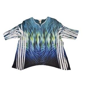 Catherines Women’s Blue Abstract Zebra Embellished Blouse Sz 3X Boho Resortwear